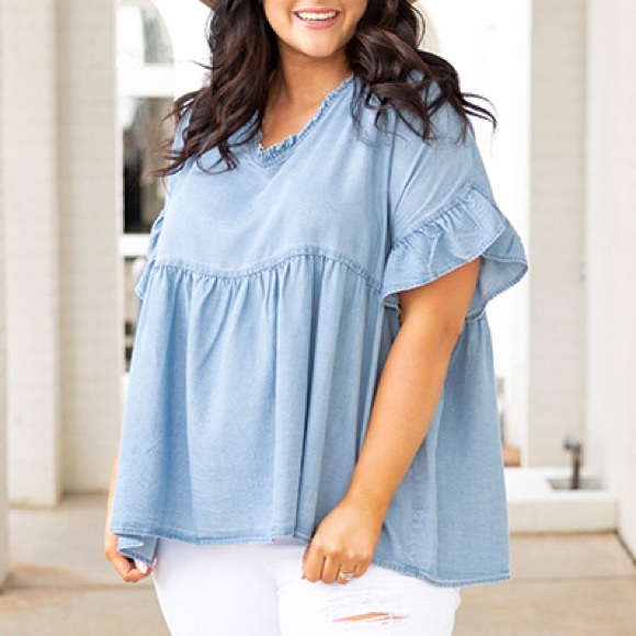 Hayden Los Angeles Tops - Hayden Los Angeles Chambray Babydoll Top